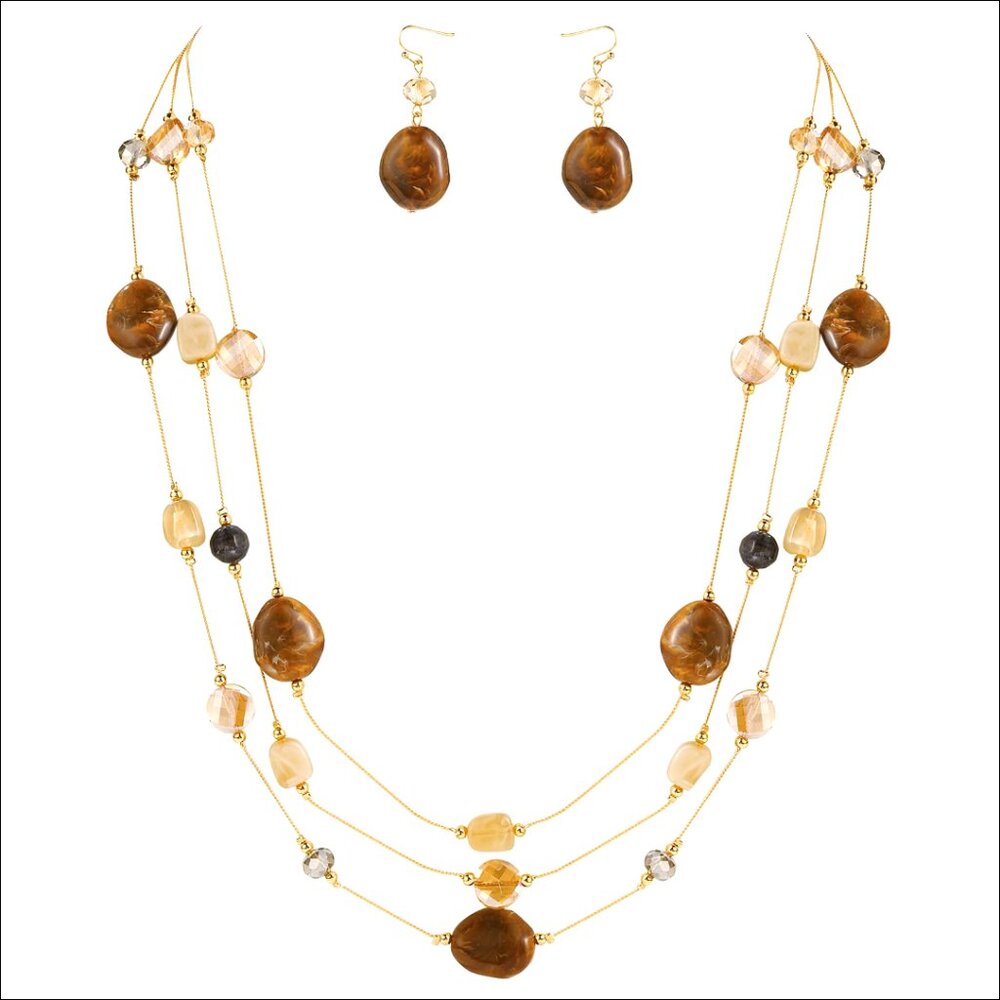 Layered Beaded Statement Necklace Set with Earrings, Stainless Steel